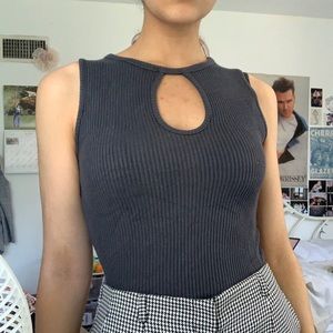 Grey Ribbed Keyhole Tank Top
